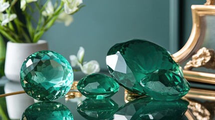 Poster - Luxury emerald collection resting on a reflective mirror, creating a captivating display.