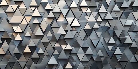 Poster - Geometric Arrangement of Metallic Triangles Creating a Textured Wall Design in Varied Shades of Gray