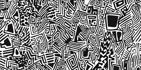 Poster - Intricate Black and White Abstract Pattern Showcasing Geometric Shapes and Lines in a Dynamic Design
