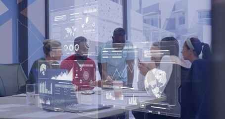 Poster - Collaborating in office, diverse team using animation for digital data analytics