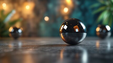 Poster - Single glass ball resting on a tabletop surface reflecting light and creating a captivating visual effect