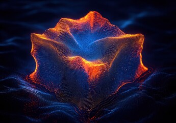Poster - Vibrant Abstract 3D Visualization of a Dynamic Surface with Bright Orange and Blue Light Patterns Creating a Mesmerizing Experience of Fluid Motion