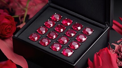 Poster - Luxury rubies elegantly displayed inside a premium black velvet jewelry box.