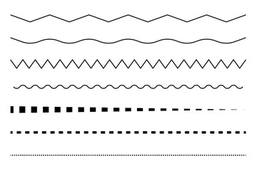 Poster - Decorative line set. Various border styles. Dashed zigzag wavy. Vector illustration.