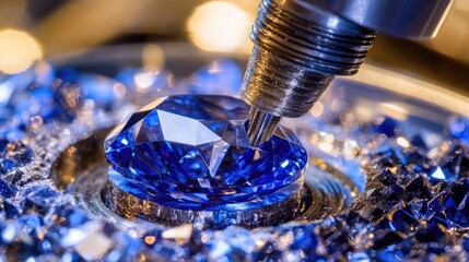 Poster - Macro shot of a faceting machine in motion, shaping a dazzling blue sapphire.