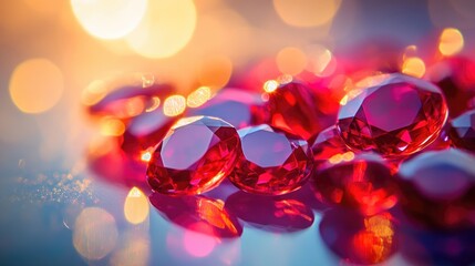 Poster - Multiple loose rubies scattered across a polished glass surface, glowing under bright lights.