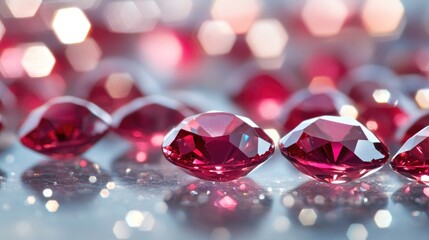 Poster - Multiple loose rubies scattered across a polished glass surface, glowing under bright lights.