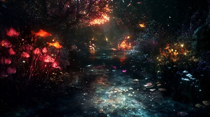 Wall Mural - vibrant cosmic landscape with glowing particles and red flowers
