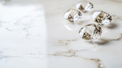 Poster - Several loose diamonds resting on a smooth, white marble slab with natural veining.