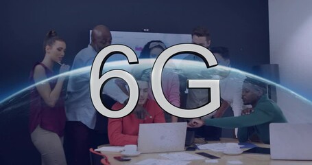 Poster - Diverse team collaborating at office with 6G technology animation overlay