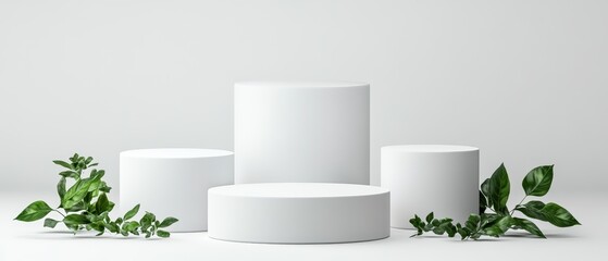 Poster - Stunning white vase holding lush green leaves, enhancing the minimalist table setting with a touch of nature