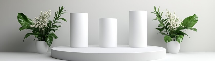 Poster - Charming white vase filled with fresh flowers resting on a white table, adding beauty to the minimalist space