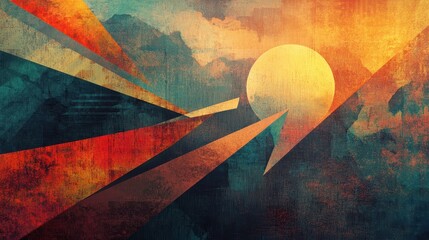 Poster - Abstract artwork displays a sun above mountainous geometrical landscape elements