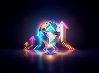 Poster - glowing neon arrows ascend from a vibrant globe in a double exposure effect, symbolizing global grow