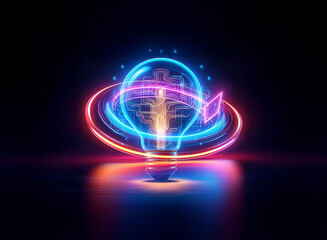 Aufkleber - a luminous light bulb with a double exposure effect reveals abstract circuitry and vibrant neon ring
