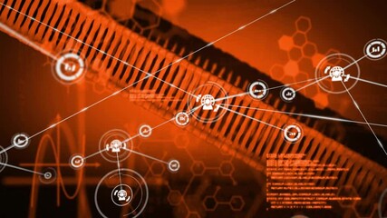 Poster - Network connections and data processing animation over abstract orange background