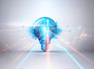 Poster - double exposure art showcases a digital lightbulb, radiating energy and symbolizing bright ideas and