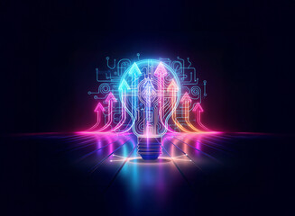 Poster - vibrant double exposure art featuring a glowing neon lightbulb emitting arrows, symbolizing innovati