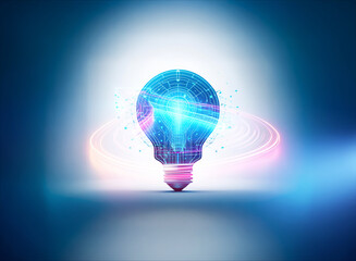 Poster - a glowing light bulb with double exposure effect reveals digital circuits and vibrant energy inside.