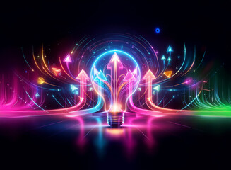 Poster - vibrant double exposure artwork featuring a lightbulb and arrows against a black backdrop. neon colo