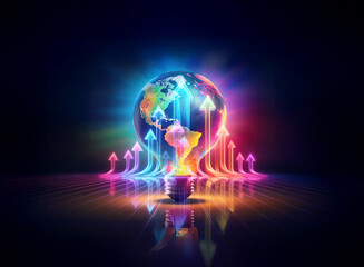 Poster - double exposure art featuring a light bulb containing a world globe, illuminated by vibrant neon arr