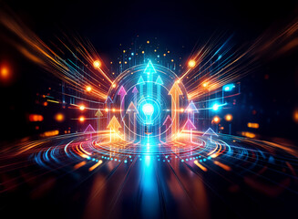 Poster - abstract double exposure art with glowing arrows radiating from a central point, surrounded by circu