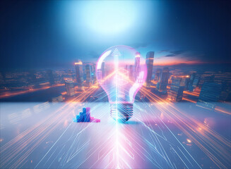 Poster - a radiant light bulb stands out with a double exposure of a cityscape, symbolizing bright ideas illu