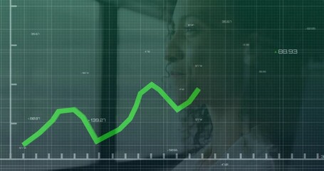 Poster - Green financial graph animation over thoughtful person in office setting