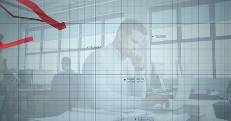 Poster - In office, business professionals working at desks with red downward trend animation