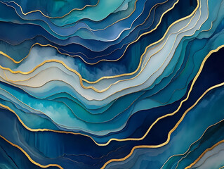 Poster - Fluid abstract art composition contemporary gallery digital artwork vibrant blues and golds aesthetic visuals modern design