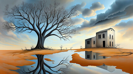Fototapete - A surreal and haunting painting of a desolate and forgotten world, overgrown with vines and vegetation