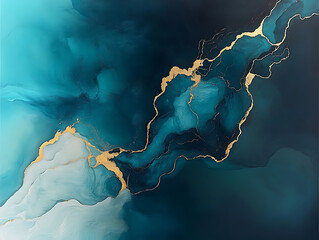 Poster - Abstract oceanic artwork featuring turquoise and gold accents digital art contemporary aerial perspective fluid design