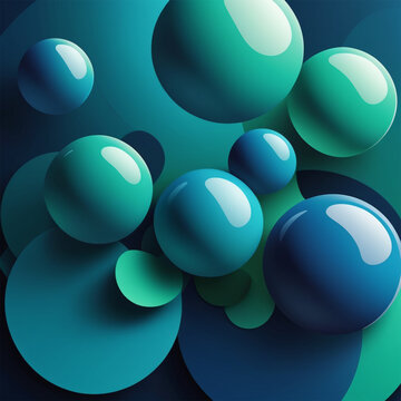 A futuristic, modern 3D illustration features glossy blue and green spheres and cylinders on a vibrant, abstract gradient background, blending digital minimalism with geometric elegance.