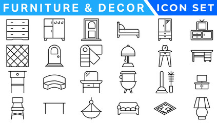Poster - Furniture, icon set. Home interior, linear icons. Piece of furniture for the living room, bedroom, office, workplace, children's room and kitchen. Line with editable stroke