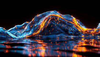 Poster - Dynamic ocean wave with fiery glow underwater scene digital art dark background surreal concept