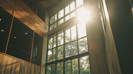 Poster - sunlight streaming through large windows in a modern wooden interior, showcasing nature outside