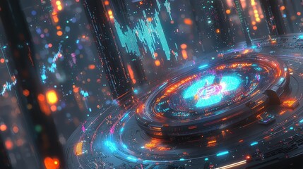 Fototapete - Dynamic data visualization event virtual space digital art futuristic environment aerial view technology concept