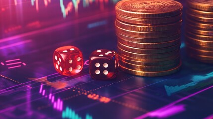 Poster - Dice and coins on stock market chart background.  Possible use Stock photography