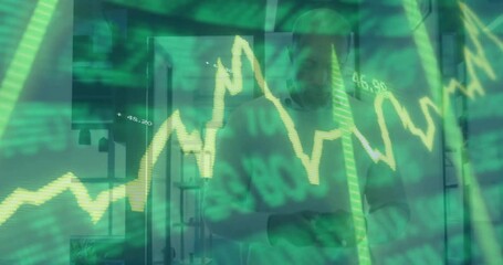Poster - Stock market graph animation over person using smartphone in modern office