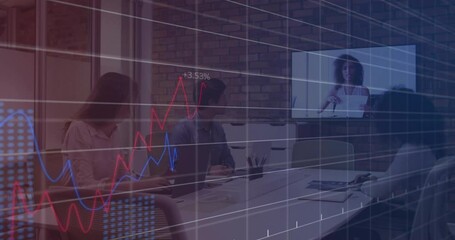 Poster - Business meeting with video call and financial graph animation overlay