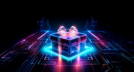 Poster - a radiant neon gift box with a bow, illuminated in blue and pink, rests on a futuristic platform wit