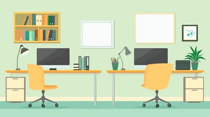 Poster - Two Modern Workspaces with Empty Computers,  Empty Whiteboards, and Plants.  Ideal for Office Design Stock Photo