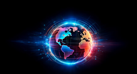Poster - glowing globe, earth map, vibrant colors, surrounded by neon blue rings and light streaks against a 