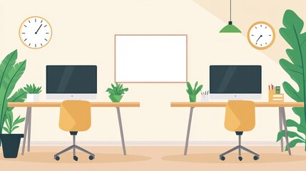 Aufkleber - Modern Office Workspace with Plants and Blank Board