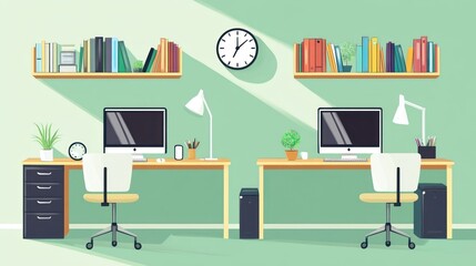 Poster - Two modern minimalist workspaces with bookshelves and computers