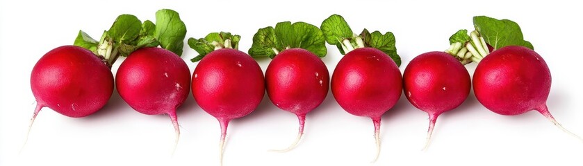 Poster - Freshly harvested radishes with green leaves displayed on a neutral surface showcasing their crisp texture and color