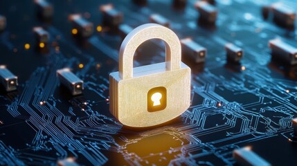 Leinwandbilder - Secure padlock resting on a complex circuit board representing cybersecurity, data protection, and technology