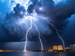 Aufkleber - Dramatic lightning striking over the ocean creating a striking and powerful scene of nature's fury and energy