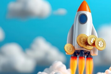 Poster - Rocket launching with coins emerging from the fuselage symbolizing financial growth and investment opportunities