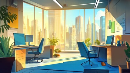 Poster - Sunny modern office with city view; work space; inspirational